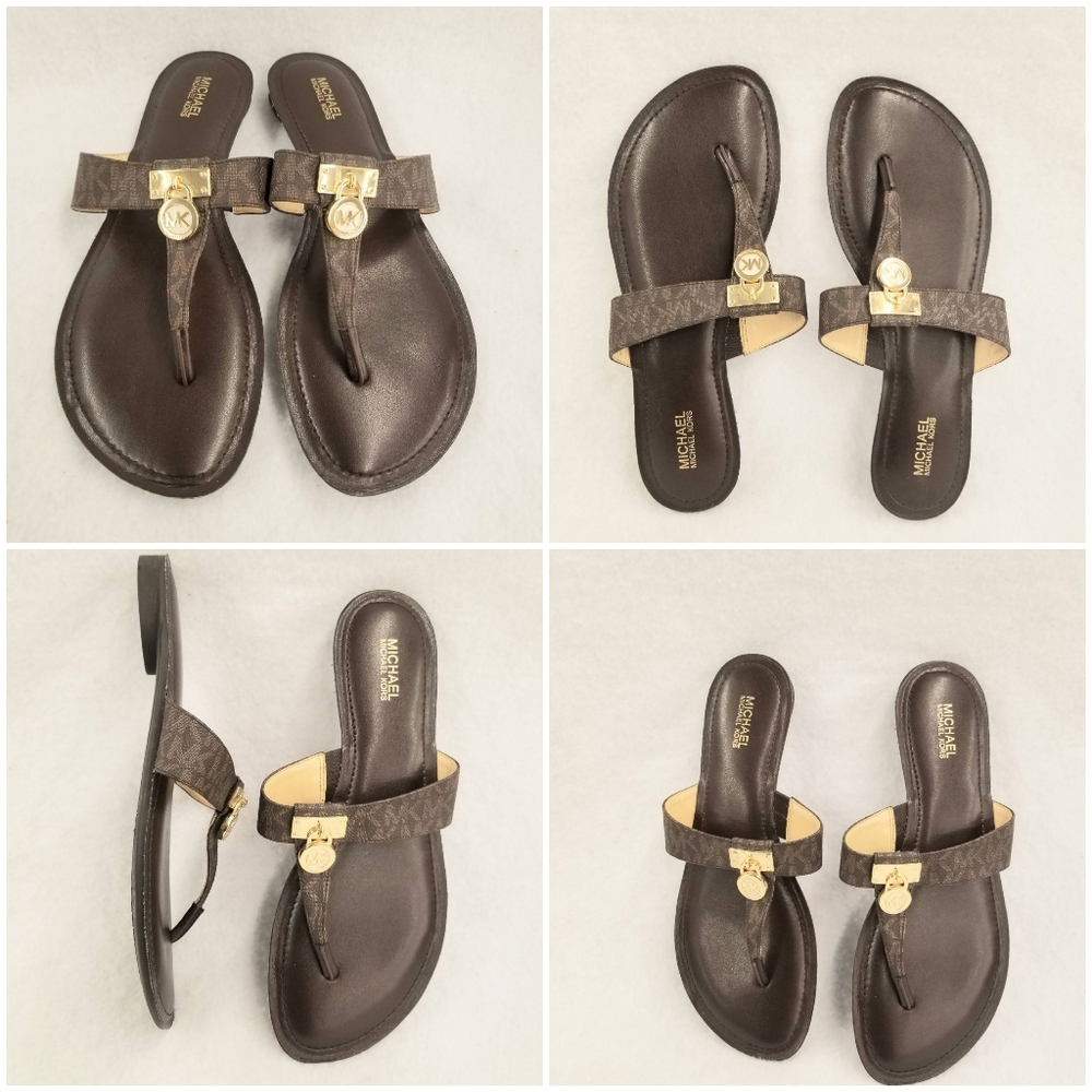 8.5M, Michael Kors Thong Sandals Brown Logo Lock New